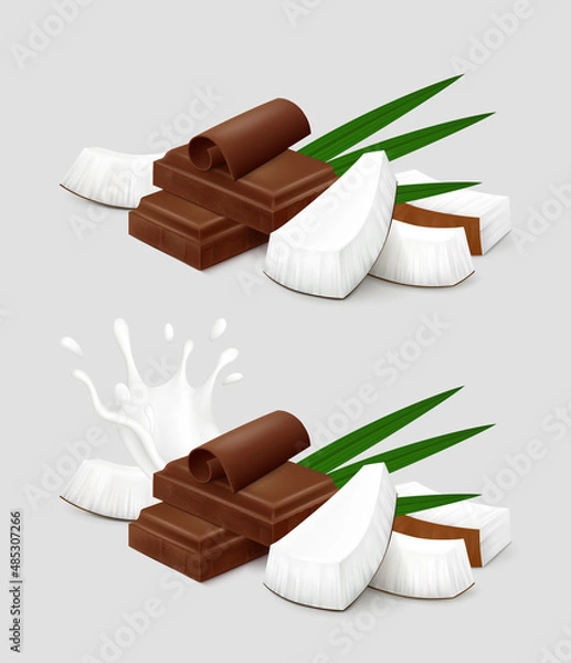 Fototapeta Pieces of chocolate and coconut with palm leaves and milk splash on a gray background. Realistic vector illustration. Side view.