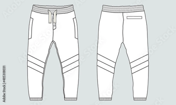 Fototapeta Fleece cotton jersey basic Sweat pant technical fashion flat sketch template front and back views. Apparel jogger pants vector illustration mock up for kids and boys. Fashion design drawing CAD.