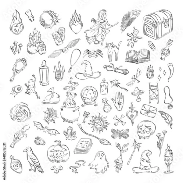 Fototapeta Collection of monochrome illustrations of magic items in sketch style. Hand drawings in art ink style. Black and white graphics.