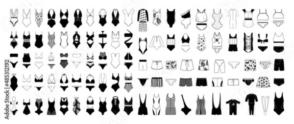 Obraz A collection of swimwear, bikinis and swimming trunks for men, women and children. Black and white illustrations of various models of swimsuits.