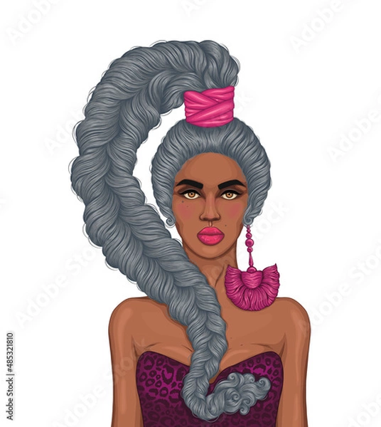 Fototapeta Vector African American woman in rnb style with a braided high tail voluminous and long pigtail. Gray hairstyle. Fashionable model with bare shoulders in a bra crimson leopard print and big earring   