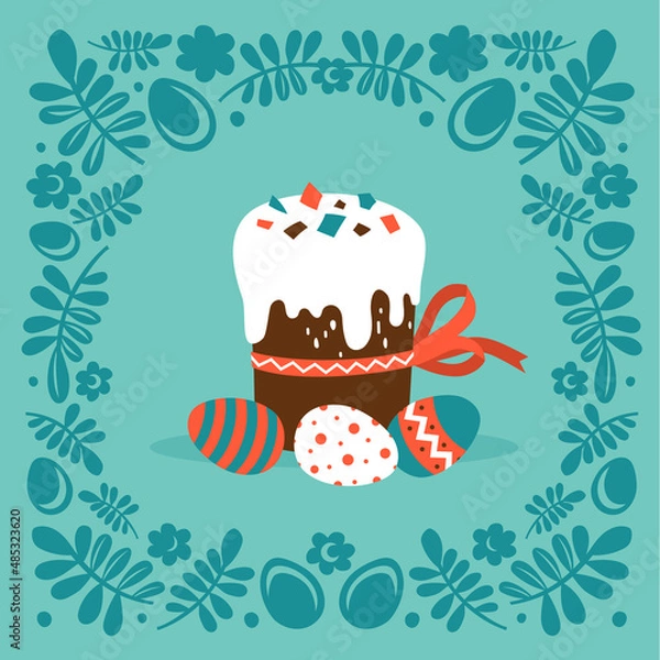 Fototapeta Easter holiday. Easter cake and colored eggs, framed with floral ornaments. Vector image. 