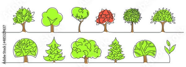 Fototapeta Big set of trees - continuous line drawing. Vector illustration