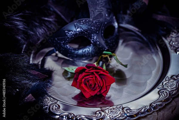Obraz 真紅の薔薇とマスカレイドと銀色の盆
