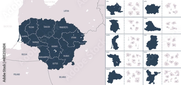 Fototapeta Vector color detailed map of Lithuania with administrative divisions of the country, each Counties is presented separately in-highly detailed and divided into municipalities