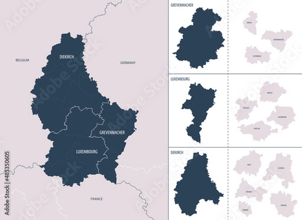 Fototapeta Vector color detailed map of luxembourg with the administrative divisions of the country, each district is presented separately and divided into Cantons