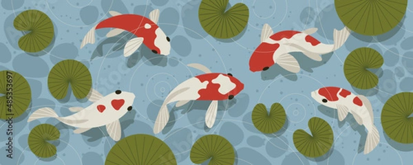 Obraz Blue pond with koi fish. Horizontal vector illustration.