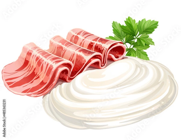 Obraz slices of bacon, sour cream or parsley cream cheese isolated on white