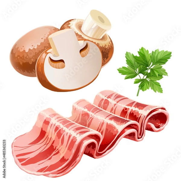 Obraz slices of bacon, champignons and parsley isolated on white
