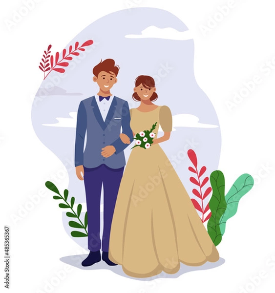 Fototapeta bride and groom on wedding day, vector illustration