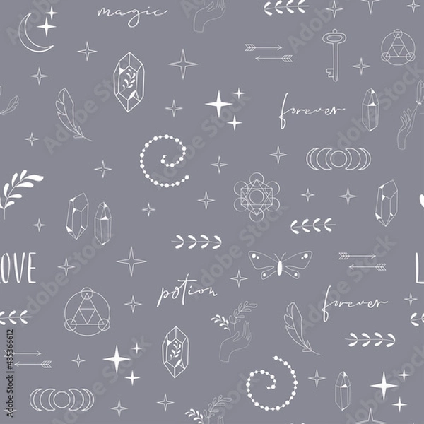 Fototapeta Boho Witch and Magic pattern with hand, crystal and symbols