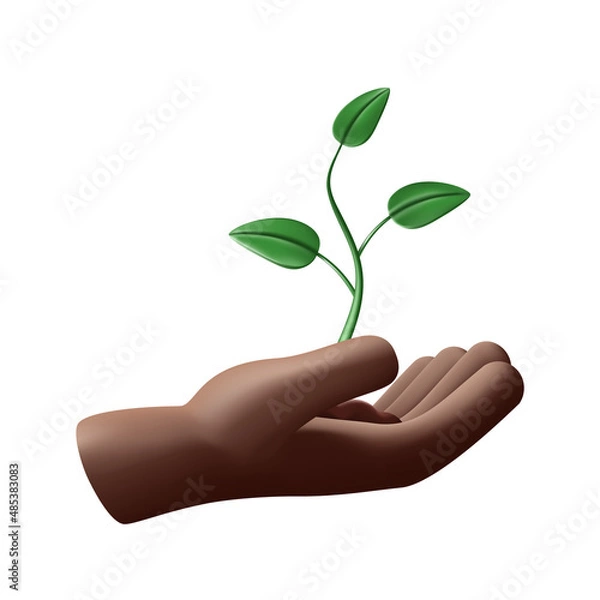 Fototapeta 3D black hand holding a sprout. The concept of development, growth, preservation of the environment. Color vector illustration, realistic style. Isolated background.