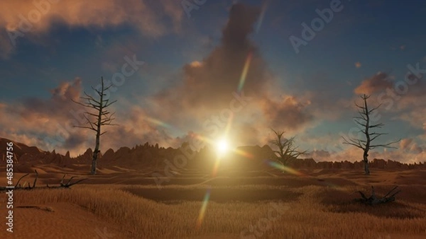 Obraz Trees without branches in the desert landscape, 3D illustration