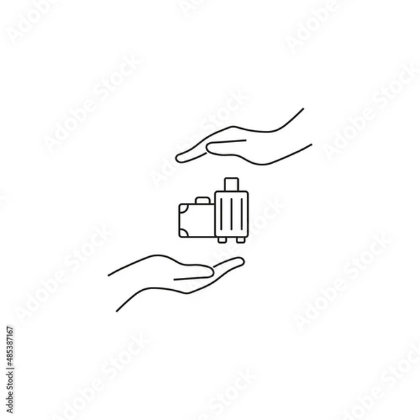 Fototapeta Present, charity, giving concept. Outline monochrome symbols drawn in flat style. Suitable for articles, advertisements, books etc. Line icon of suitcase between outstretched hands