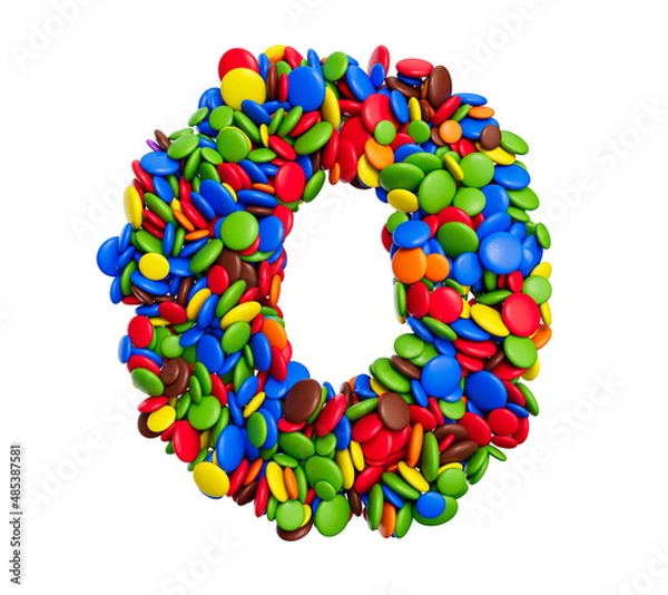 Fototapeta Letter Digit 0 of multicolored rainbow candies Festive isolated on white background 3d illustration