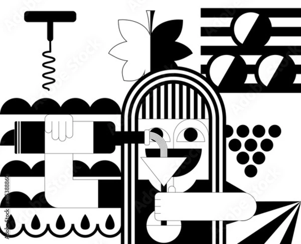 Obraz Modern wine concept banner in geometric style with happy girl and wine elements. Black and white vector background for wine branding, tasting, festival