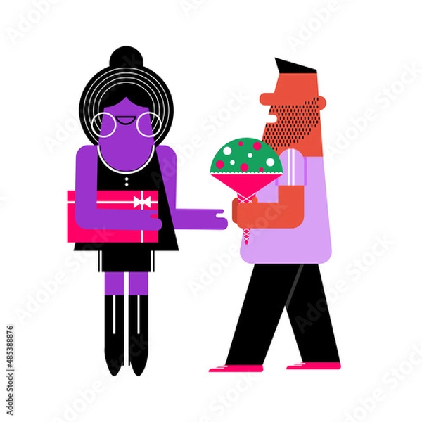 Obraz A man gives a flower to a beautiful woman. Valentine Day or  International Women's Day concept. Modern art vector illustration of couple. Flat design congratulation
