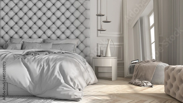 Fototapeta Architect interior designer concept: hand-drawn draft unfinished project that becomes real, classic bedroom close up, parquet, bed with pillows, side table, lamp, carpet and mirror