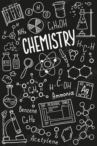 Fototapeta Chemistry cover template. Science medical symbols icon set, subject doodle design. Education concept. Back to school sketchy background for notebook, not pad, sketchbook. Hand drawn illustration.