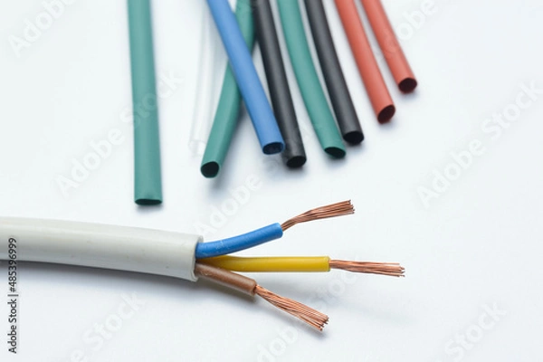 Fototapeta heat shrink tubing and a three-core stripped wire on a white background.