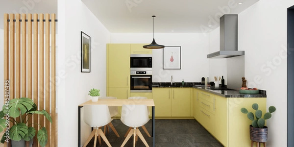 Fototapeta Vue 3d cuisine jaune marbre noir