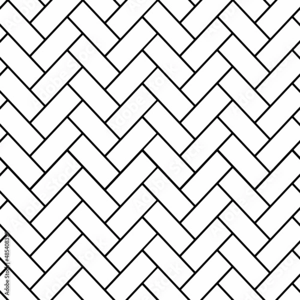 Fototapeta White herringbone parquet floor seamless pattern with diagonal panels. Vector wooden or brick wall texture. Modern interior background. Outline monochrome wallpaper.