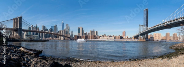 Obraz Sunny New York City Manhattan Downtown panoramic Cityscape with the  Brooklyn Bridge, the Manhattan Bridge and a boat the Hudson River, us