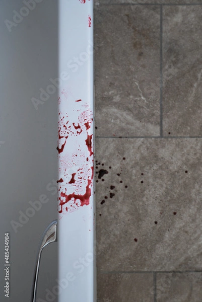 Fototapeta Close up shot of side of a bath. Blood smeared on the edge near the handle and blood drops on the floor tiles. Bathroom setting with copy space. Crime and violence concept image.