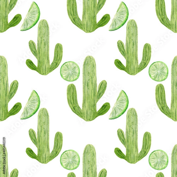 Fototapeta Watercolor pattern, cactus, lime slices on a white background. Seamless pattern in Mexican style, for festive products.