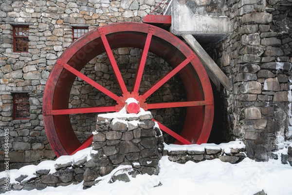 Fototapeta Red water wheel on old mill