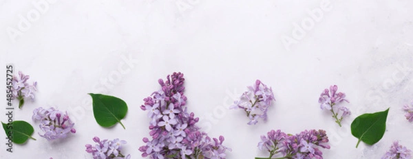 Obraz Extra long banner with lilac flowers on stone background. Mothers day, womens day concept. Flat lay, top view. Copy space