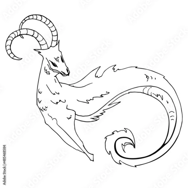 Fototapeta Stylized animal, goat, metaphorical stylization. Hand drawn vector illustration, ink pen drawing, black and white, isolated on white background. For design projects, coloring books, cards, posters