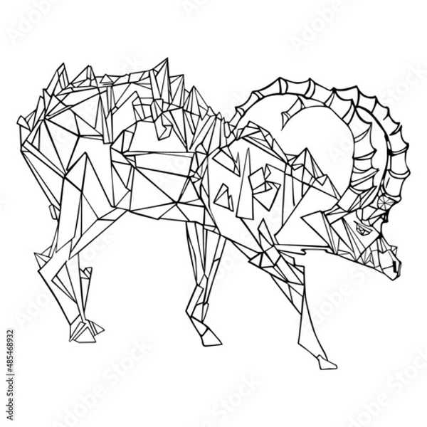 Fototapeta Stylized animal, goat, geometric stylization. Hand drawn vector illustration, ink pen drawing, black and white, isolated on white background. For design projects, coloring books, cards, posters