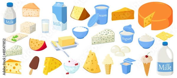 Fototapeta A set of dairy products.Milk, yogurt,sour cream,cottage cheese,butter,ice cream,roquefort,parmesan, edam, tilsiter,camembert, gouda and mozzarella.Dairy products isolated on a white background.