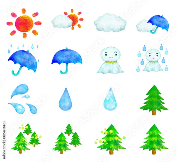 Obraz 天気　アイコン　雨　晴れ　曇り　花粉　水彩