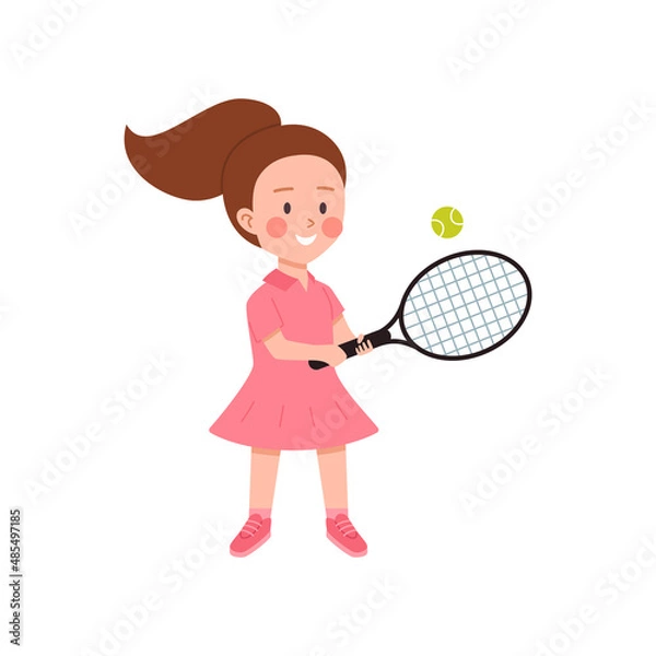 Fototapeta Child tennis or badminton player with racket flat vector illustration isolated.
