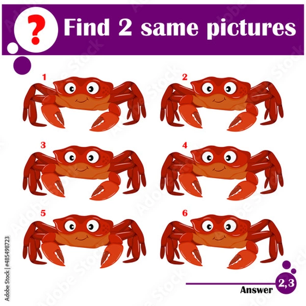Fototapeta Children educational game. Find two same pictures of cute crab