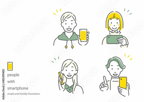 Fototapeta スマホを快適に使う若い女性と男性　シンプルでお洒落な線画イラスト