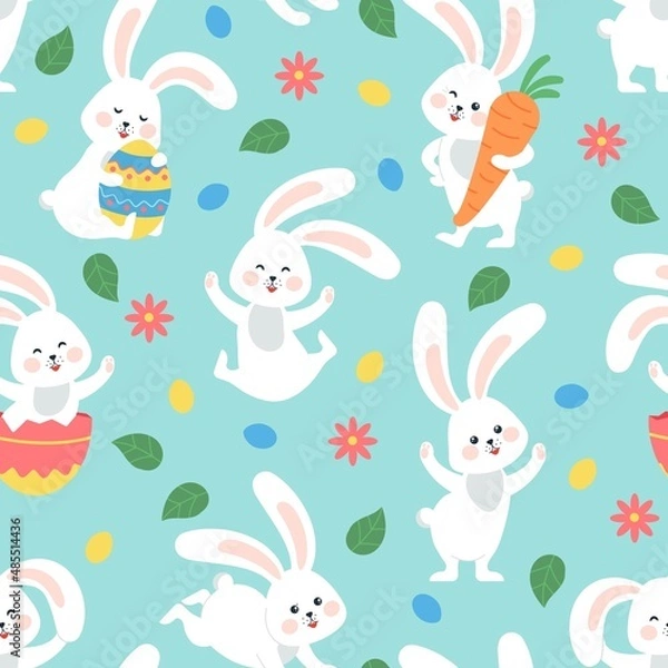 Fototapeta Easter bunny seamless pattern. Toddler bunnies, spring flourish festive background. Rabbit with eggs and flowers, cartoon hare decent vector print design