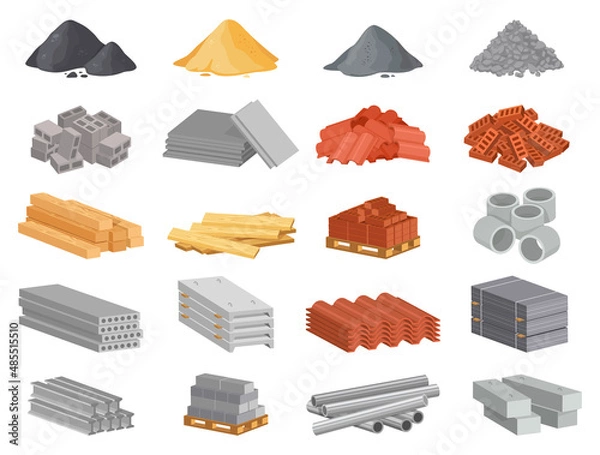 Fototapeta Cartoon construction building materials. Piles of sand, cement and stones. Red brick stacks, wooden planks and metal roof elements for house building industry and renovation vector set