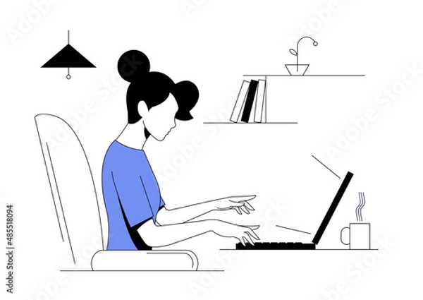 Fototapeta Business woman, manager or seo specialist work at home or office on laptop. Freelance work , project, website or social media promotion, advertisement, presentation, creating or writing content.