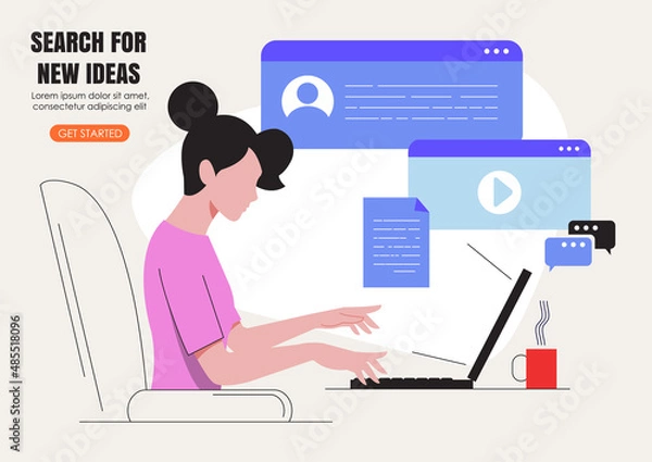 Fototapeta Business woman, manager or seo specialist work at home or office on laptop. Freelance work , project, website or social media promotion, advertisement, presentation, creating or writing content.