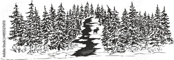 Obraz  Elk near the taiga river in winter