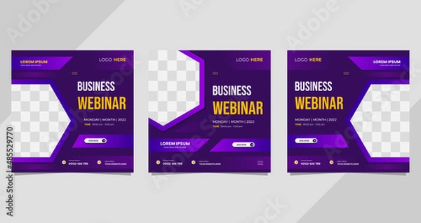 Obraz Set of business webinar social media template with purple geometric background and hexagon frame
