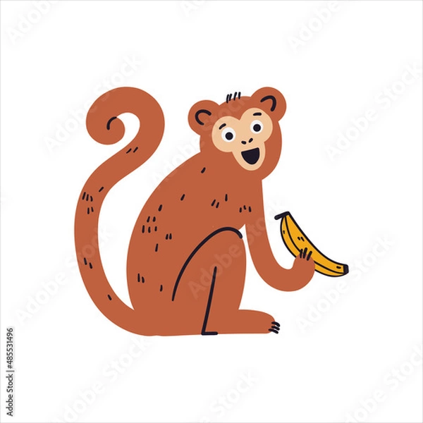 Fototapeta Cute brown monkey with banana vector illustration. Funny hand drawn safari chimp character. Happy chimpanzee isolated on white background. Childish t shirt print design forest and savannah of Africa
