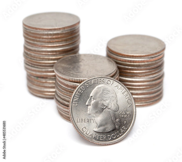 Fototapeta Stacks of US Quarters on white background