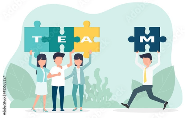 Fototapeta Colleagues are assembling puzzles. Businessman holding characters T, E, A, M, waiting for M to assemble other characters. Vector illustration Eps10.