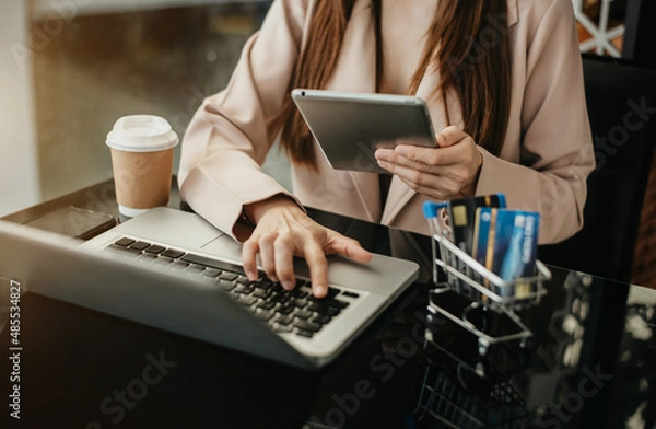 Fototapeta Women shopping online is a form of electronic commerce from a seller over internet. Online shopping concept.