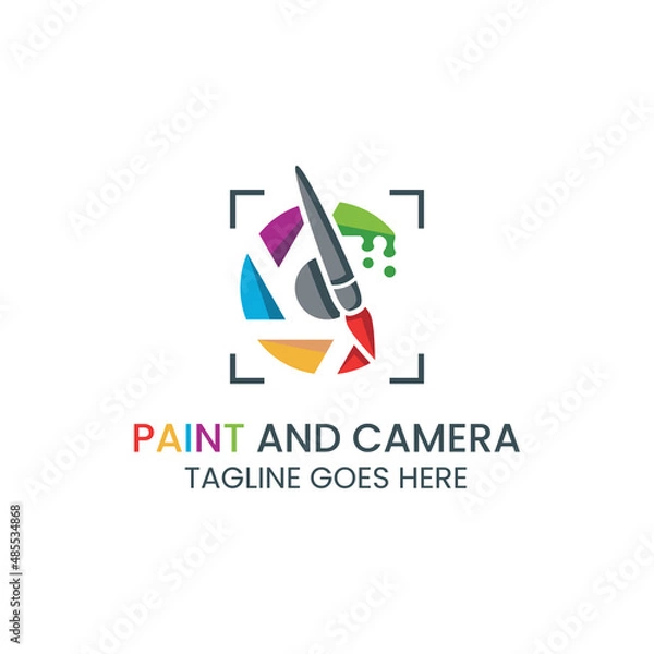 Fototapeta Vector Template Logo focus camera and camera lens with paint brush, suitable for painters and drawing, camera painters, art and photography.