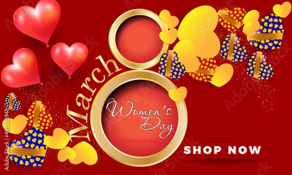 Fototapeta Sale red background with gifts and yellow hearts. Vector illustration. Wallpaper.flyers, invitation, posters. Images vectorielles